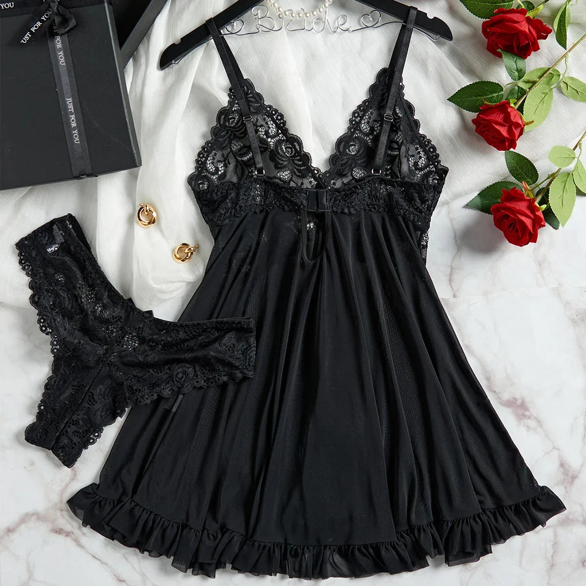 Bretelles en Tulle pour femmes, Lencerias exquis en dentelle, col en v, sous-vêtements, string Semi-transparent, ensemble de Lingerie, chemises de nuit
