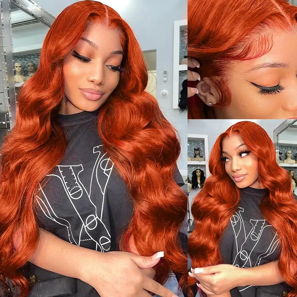 Perruque Lace Front Wig Remy naturelle Body Wave, cheveux humains, Orange gingembre, 36 pouces, 13x6, HD, densité 180%, pre-plucked