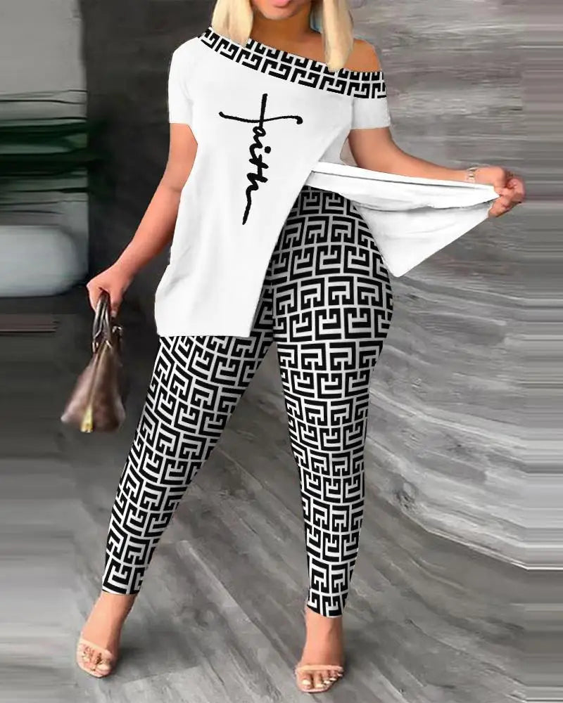Women's Printed 2 Piece Set, Irregular Slanted Collar Split Top Short Sleeve Long Pants Colorful Outfit Fashion Women Pant Suit