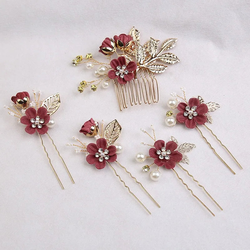 5 pièces/ensemble accessoires de cheveux de mariée pour femmes fleur perle casque diadème Barrette de mariage pince épingles à cheveux mariée peignes ornement