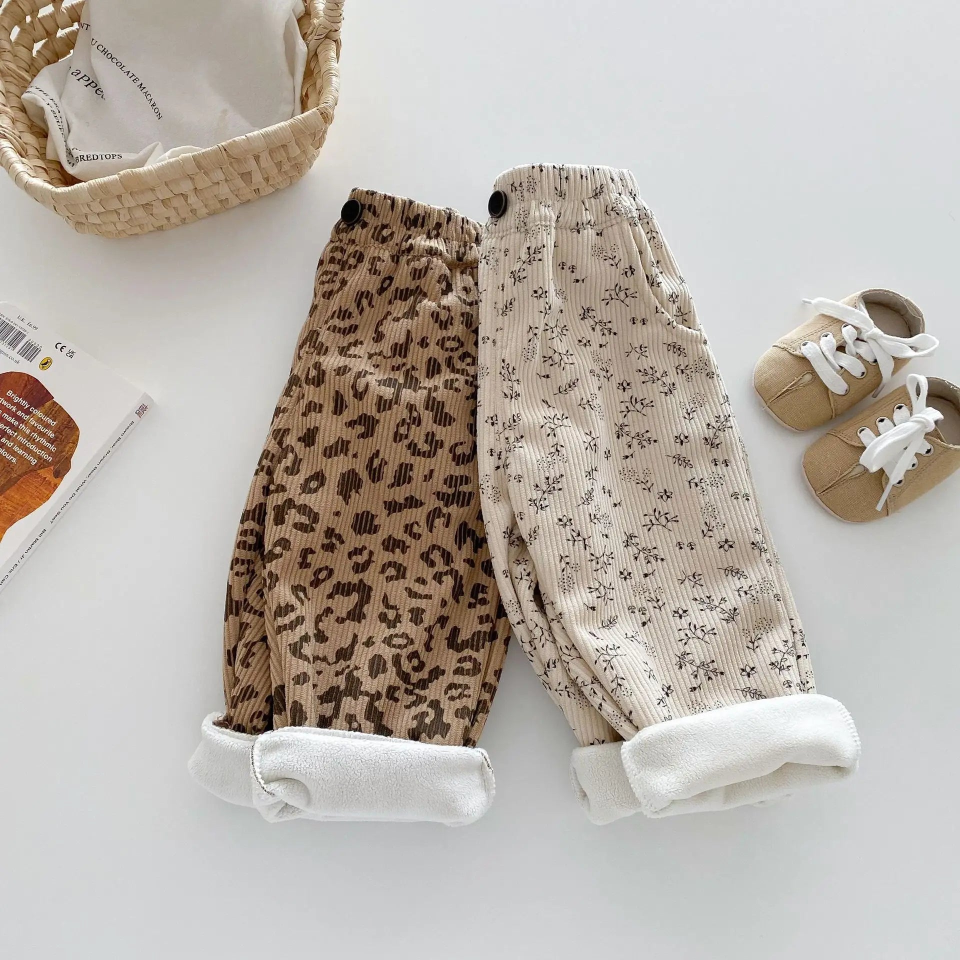Vêtements coréens pour enfants de 0 à 5 ans, pantalons d'hiver chauds en velours côtelé imprimé Floral, doublés en polaire, pour bébés garçons et filles, 2025