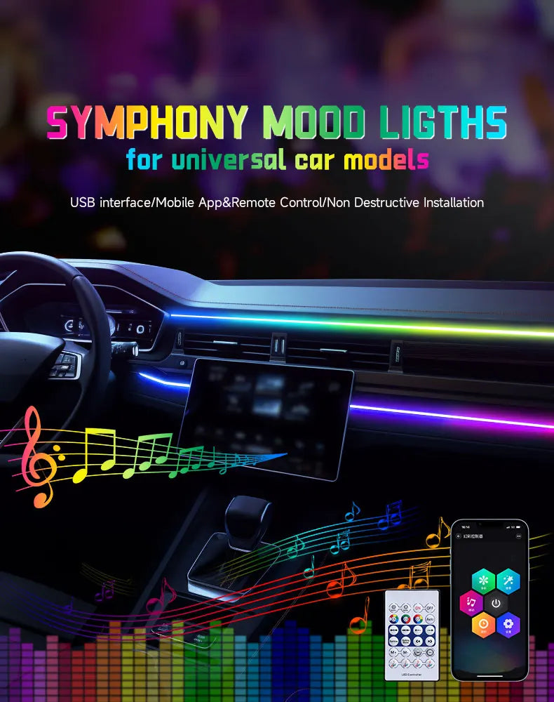 Lumière ambiante LED USB pour voiture, bandes acryliques 64 couleurs, RVB pleine couleur, intérieur de voiture, application cachée, télécommande, lampe de escale, 110cm