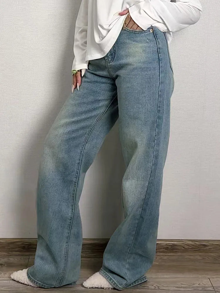 Jean bleu femmes taille haute 2025 ample décontracté petit ami jean Long pour le travail dames Simple jambe droite Denim pantalon pour les femmes