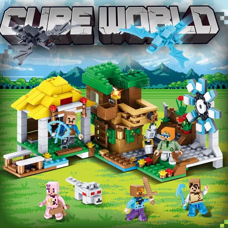 Blocs de construction de puzzle pour enfants, toboggans de village, grottes, mines, villes de chevaux, chats, léopards, jungles, jouet éducatif pour
