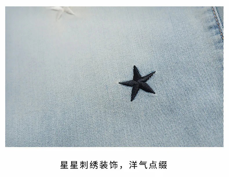 Five-pointed star embroidered jeans for girls aged 3 to 12, stylish wide-leg denim trousers, new spring/autumn collection