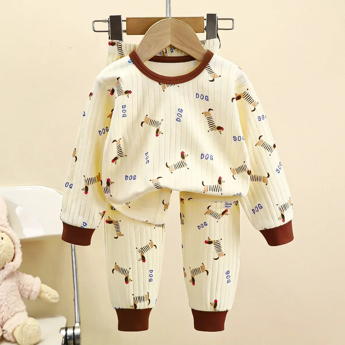 Pyjama chaud en pur coton pour enfants, garçons et filles, T-Shirt à manches longues + pantalon, dessin animé mignon, sous-vêtements d'automne pour bébés en bas âge