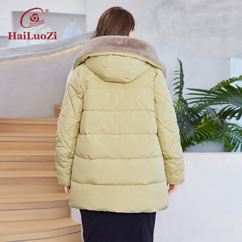 HaiLuoZi-Veste Courte à Capuche avec Fourrure pour Femme, Vêtement d'Hiver de Grande Taille, Design de Matelassage Indépendant, Grandes Poches, Combiné 2023, Nouvelle Collection 1163