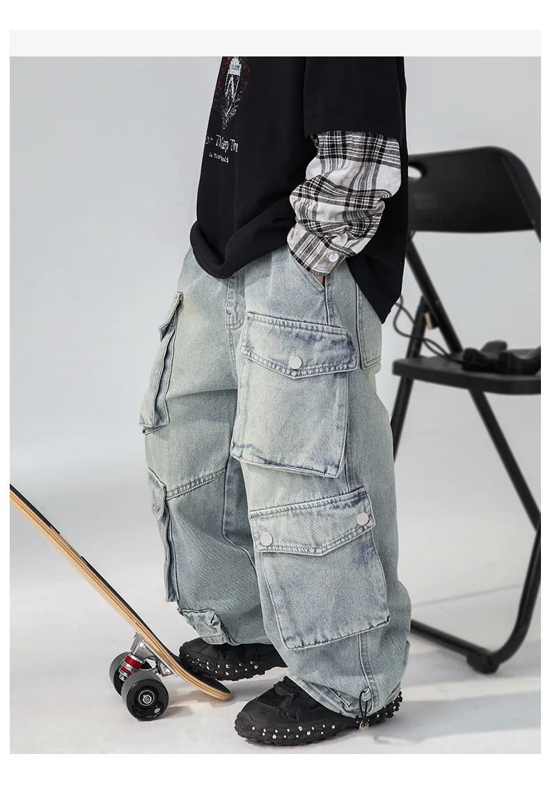 Jean ample à jambes larges pour garçons, pantalon de travail pour enfants moyens et grands, coupe confortable, printemps-automne