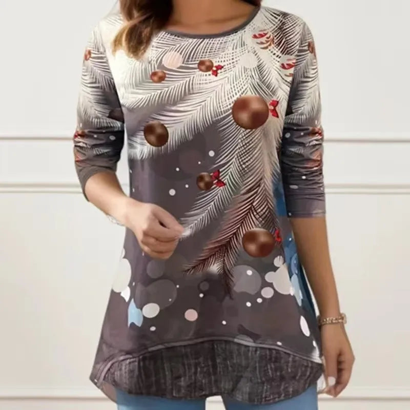 Arbre de noël femmes t-shirt mode col rond à manches longues hauts chemises impression 3D décontracté Harajuku femme grande taille vêtements