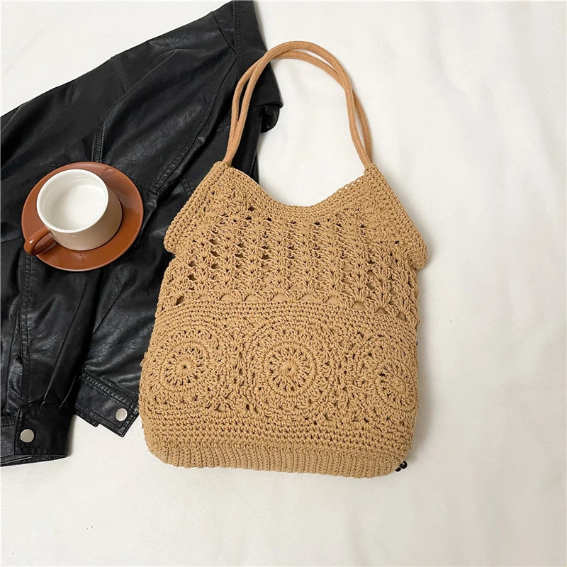 Sac à main tissé de grande capacité, sac à bandoulière ajouré, fourre-tout en Crochet, fourre-tout bohème tissé pour femmes, sacs de Shopping tricotés