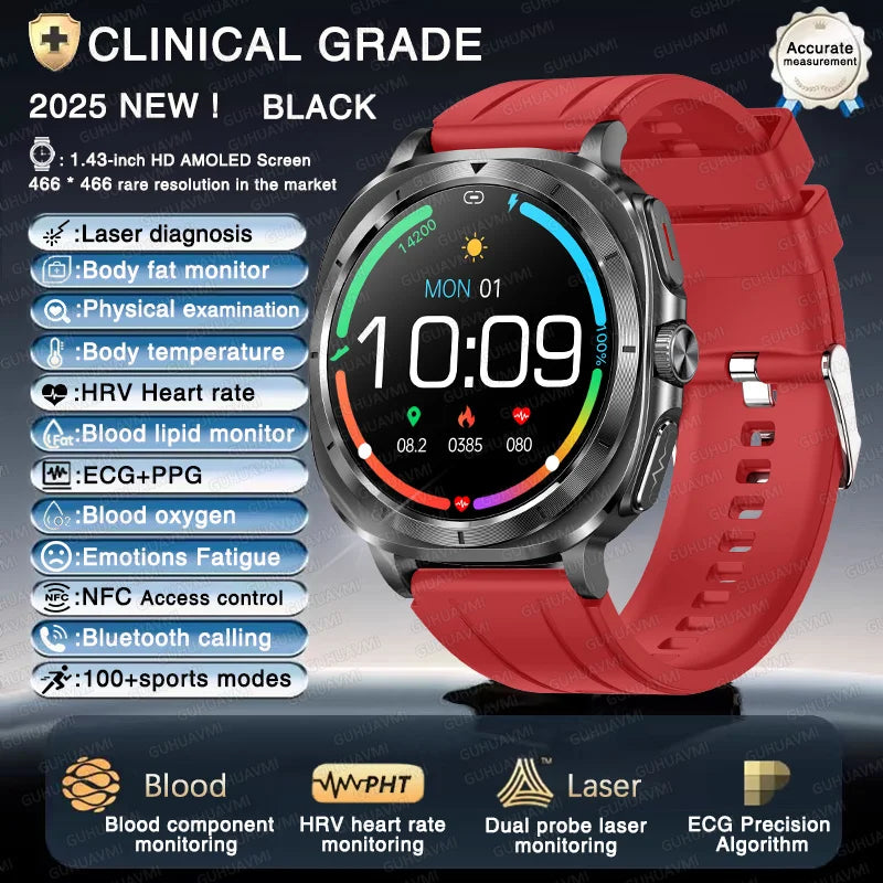 Montre connectée pour hommes, nouveau niveau Expert, santé, ECG + PPG, moniteur Laser, acide urique, graisse sanguine, pression artérielle, NFC, appel HD, 2025