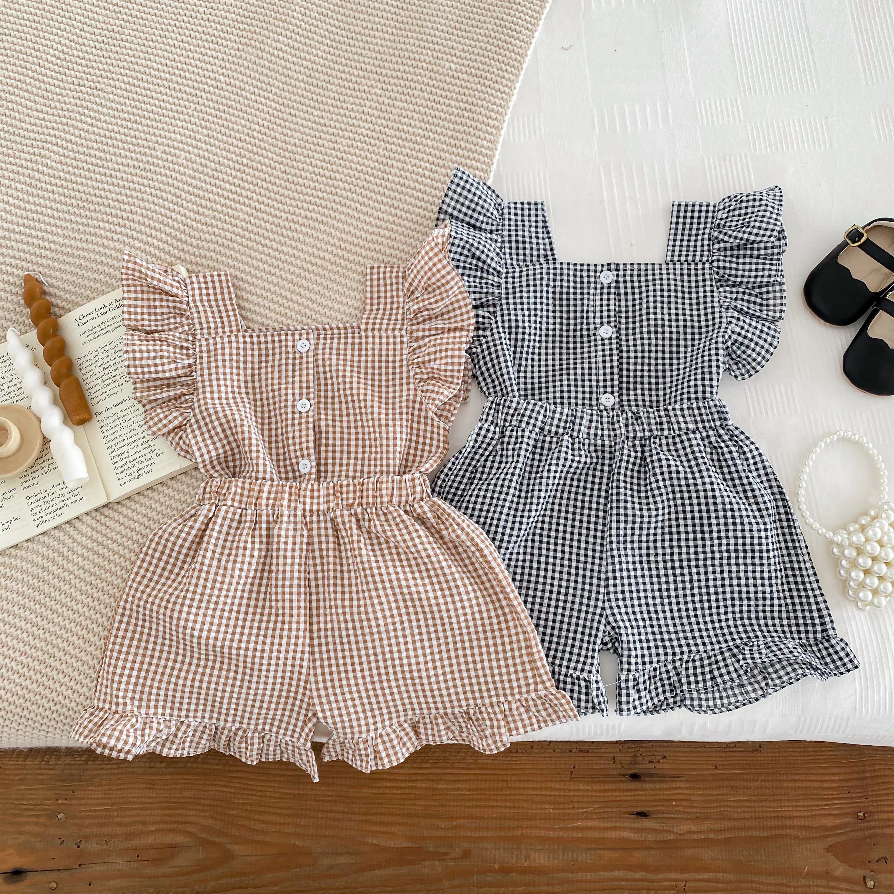Tenue d'été pour enfants de 2 à 6 ans, vêtements pour bébés filles, chemisiers sans manches à carreaux + short, ensemble deux pièces