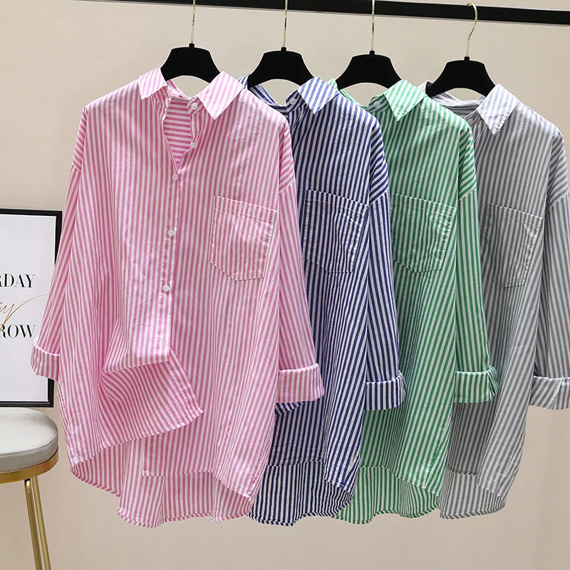 Chemise rayée femmes chemises été automne mode femme bureau dame chemisier ample à manches longues Protection solaire hauts chemises décontractées