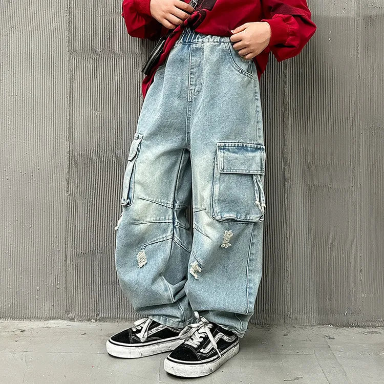 Adolescents garçons Hip Hop Streetwear vêtements de travail jean printemps automne 2025 nouveau Style enfants beau à la mode déchiré pantalon à jambes larges