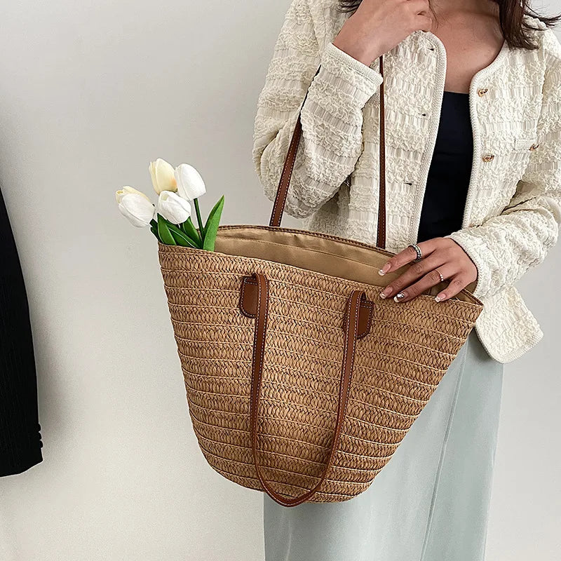 Sac à bandoulière de grande capacité pour femmes, panier tissé en paille d'été, sac à main de luxe de styliste, sac de plage, fourre-tout de shopping Bali