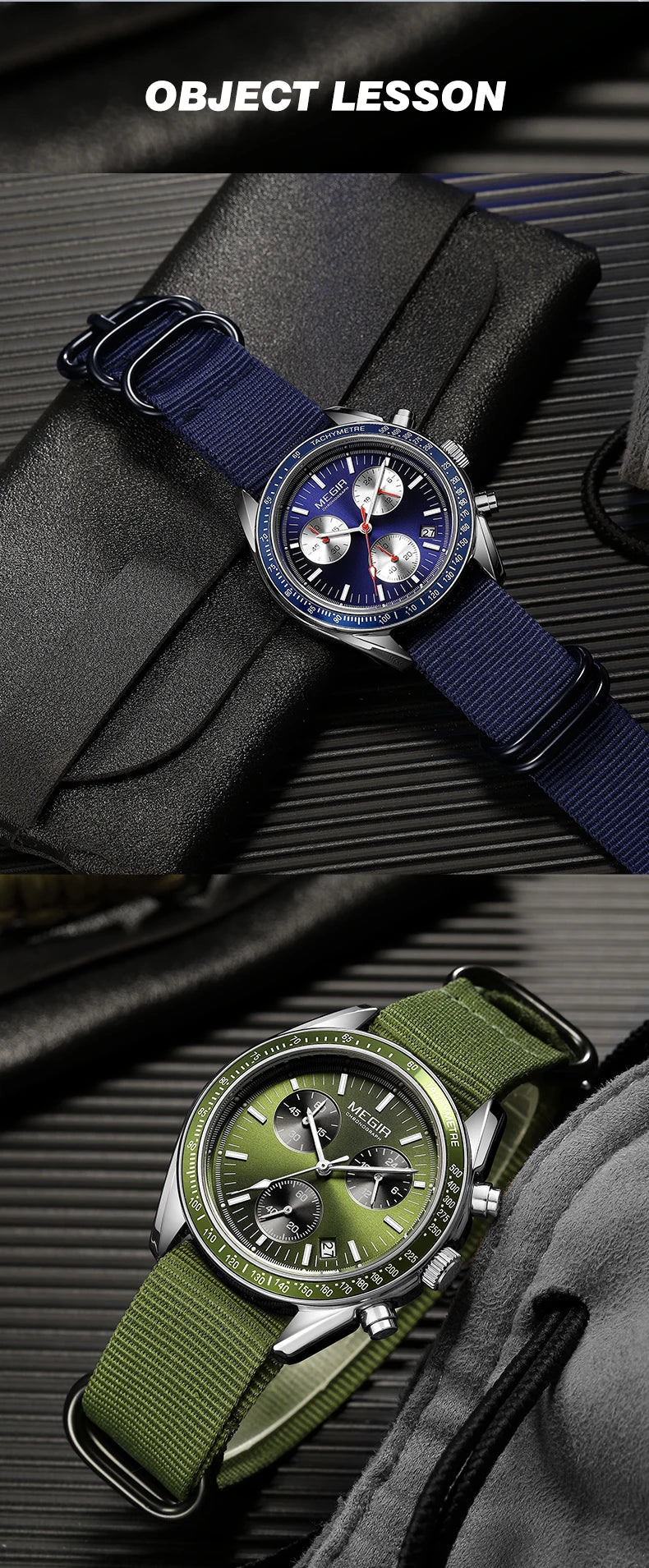 MEGIR montre à Quartz à trois yeux pour hommes bracelet tressé en Nylon étanche sport lumineux avec chronographe montre-bracelet de mode homme