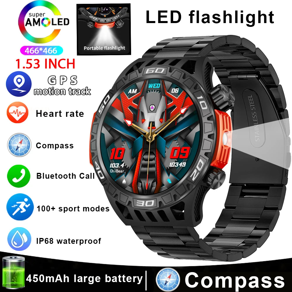 Montre intelligente étanche avec éclairage LED pour homme, boussole, tracker de fitness sportif, IP68, Bluetooth, conversation, Android, iOS