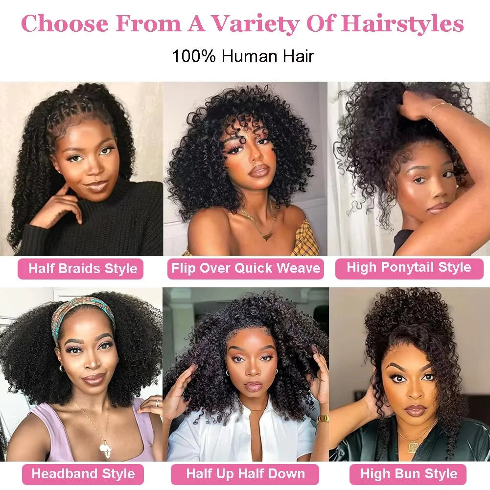 Crépus bouclés rabat sur perruque de cheveux humains demi perruques 250 densité 3 en 1 sans couture débutant amical sans colle porter et aller perruque bouclée