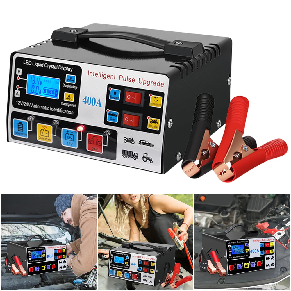 High-power car battery charger, fast charger, intelligent pulse repair, automatic shut-off, 400A, 12V, 24V, 220W