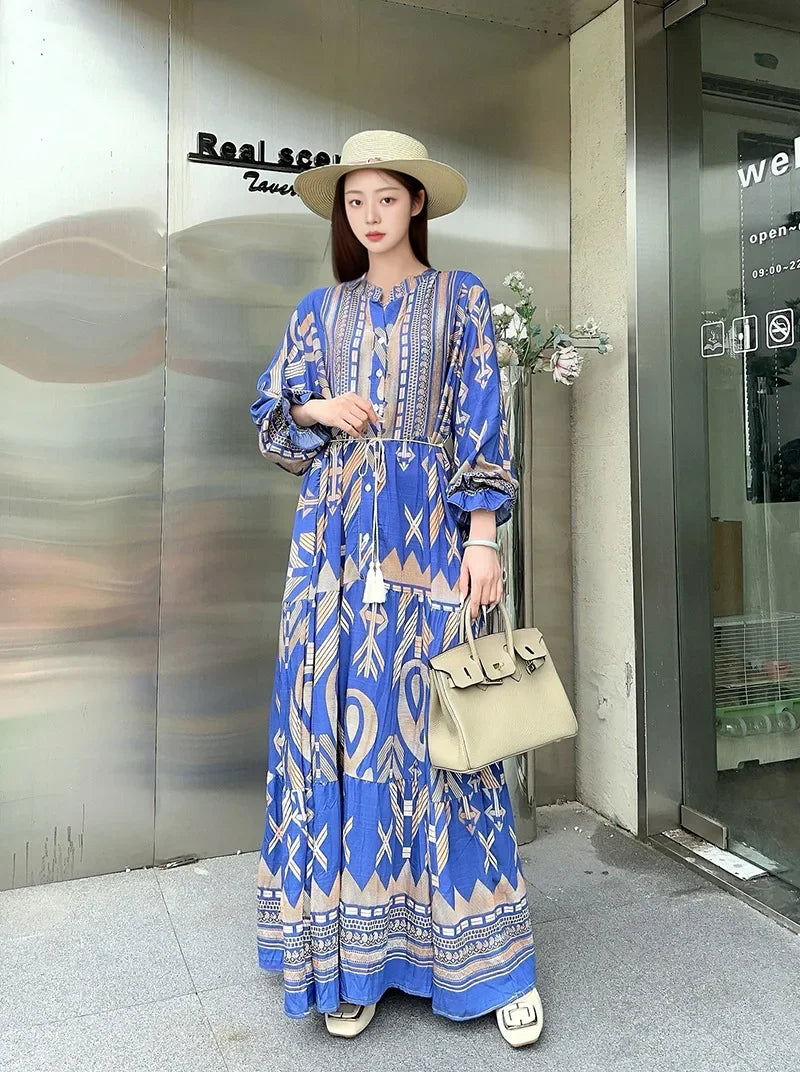 Loose-fitting bohemian cotton dress with floral print, long sleeves, plus size, maternity maxi dress for pregnant women and expectant mothers