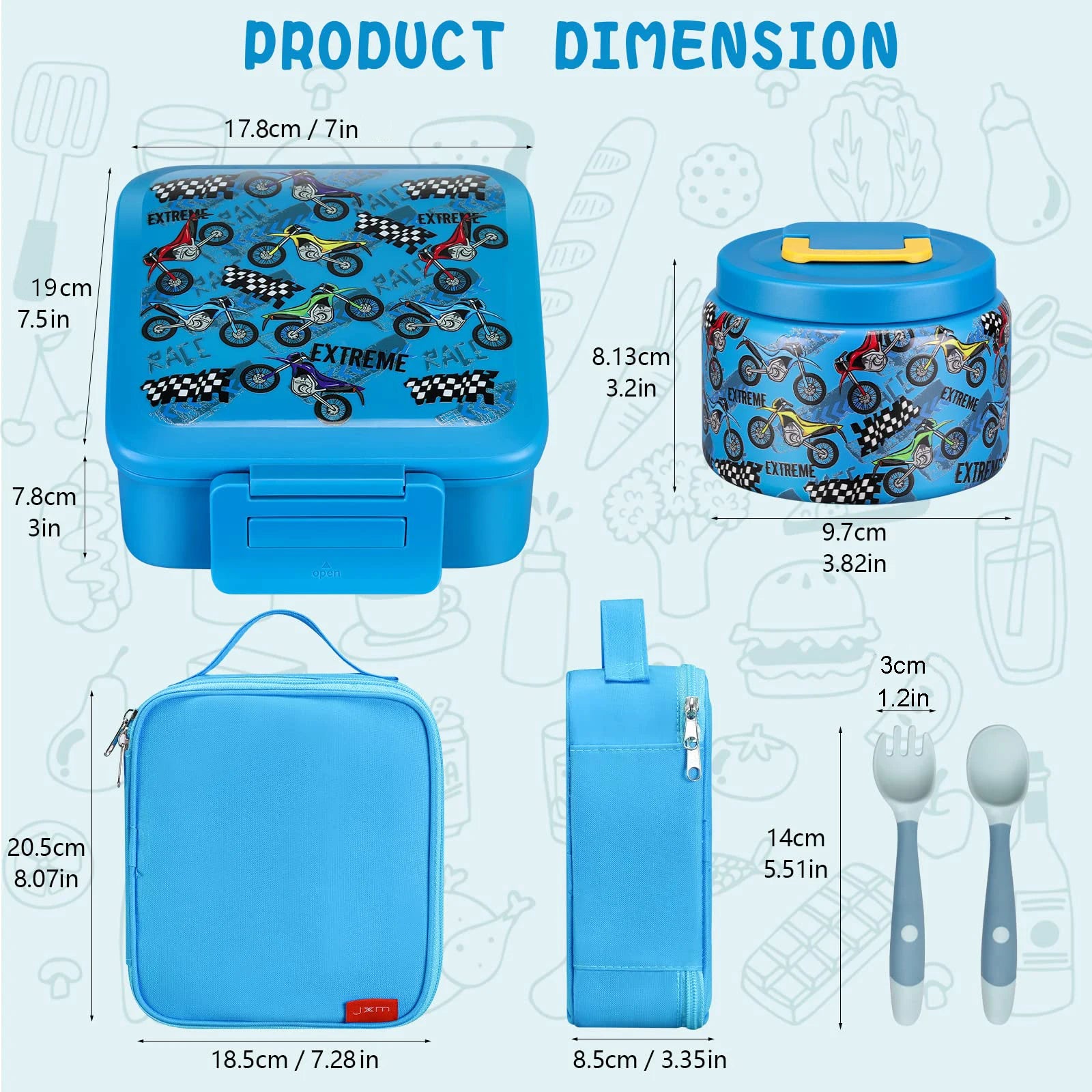 Boîte à déjeuner Bento pour enfants avec pot alimentaire isolé sous vide de 8oz, sac à déjeuner, sac de glace et fourchette et cuillère pliables, anti-fuite