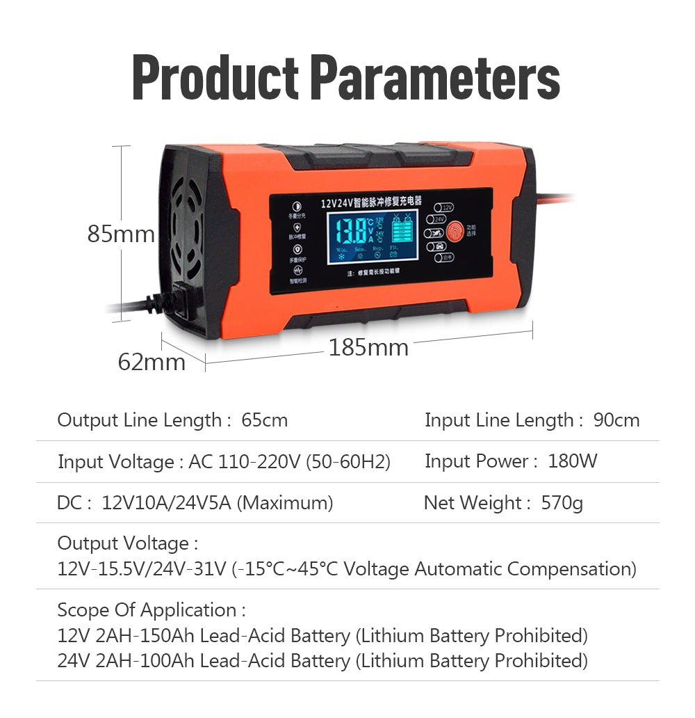 Chargeur de batterie de voiture 10A 12V chargeur de batterie automobile 24V 5A accessoires de voiture affichage numérique détection impulsion réparation chargeur de voiture