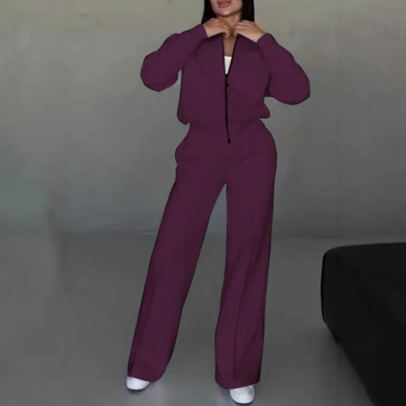 Women's two-piece casual set, solid color, sweatshirt, long sleeves, zip-up coat, long pants, pockets, elegant, autumn/winter 2025