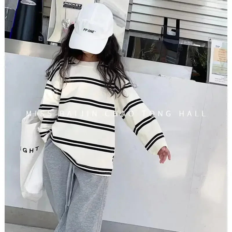 Ensemble de vêtements simples de Style coréen pour filles, 2 pièces, rayé à manches longues + pantalon ample, tenues pour adolescentes de 6 8 10 12 14 ans, 2025