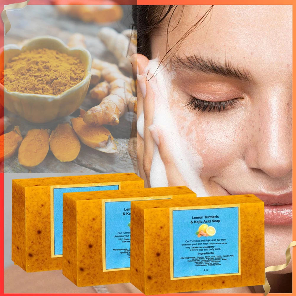 Savon biologique à l'acide kojique au citron et au curcuma pour les taches foncées, savon au curcuma pour le lavage du visage, éclaircissant, correcteur de taches foncées, soins pour la peau