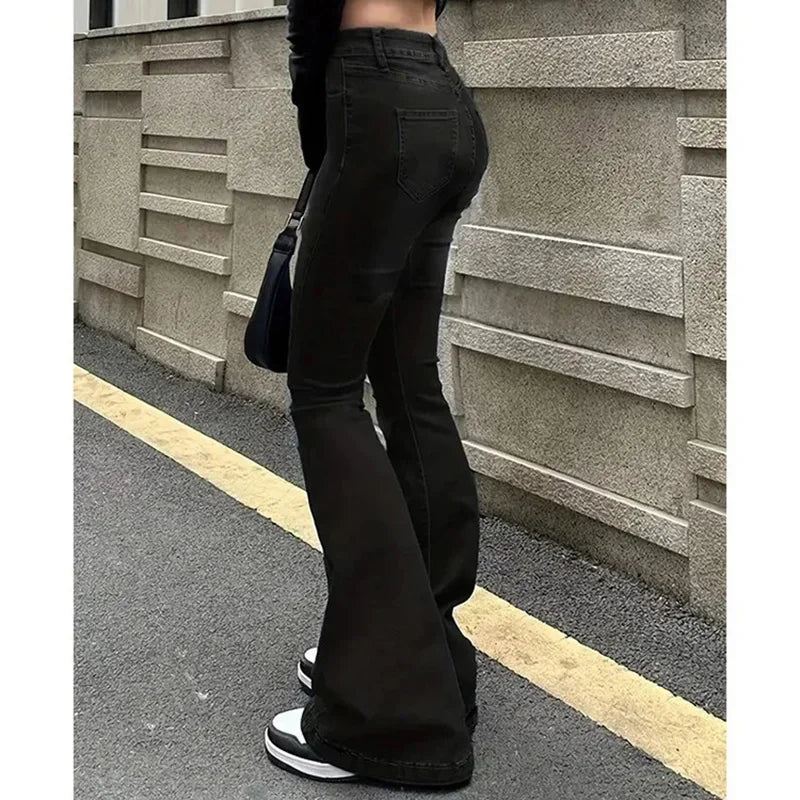 Girls' high-waisted flared jeans, stretch denim pants, bootcut fit, solid color, narrow bell leg, 2025