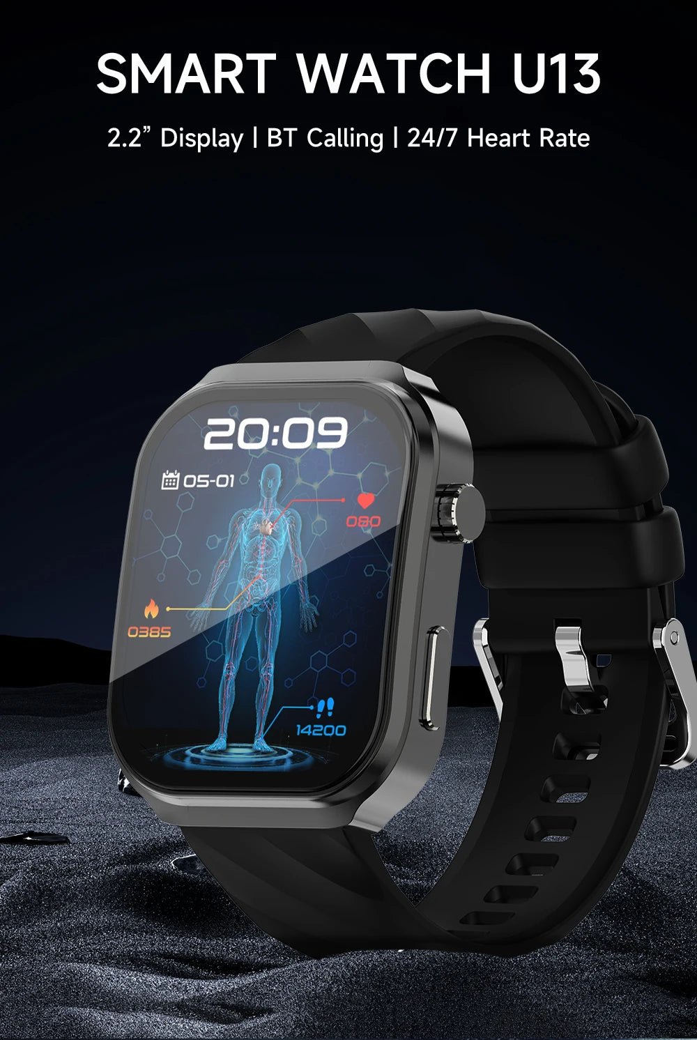 Nouveau montre intelligente pour hommes U13 écran carré de 2.1 pouces résolution 320*386 surveillance de la fréquence cardiaque et de la pression artérielle 2024 montre intelligente