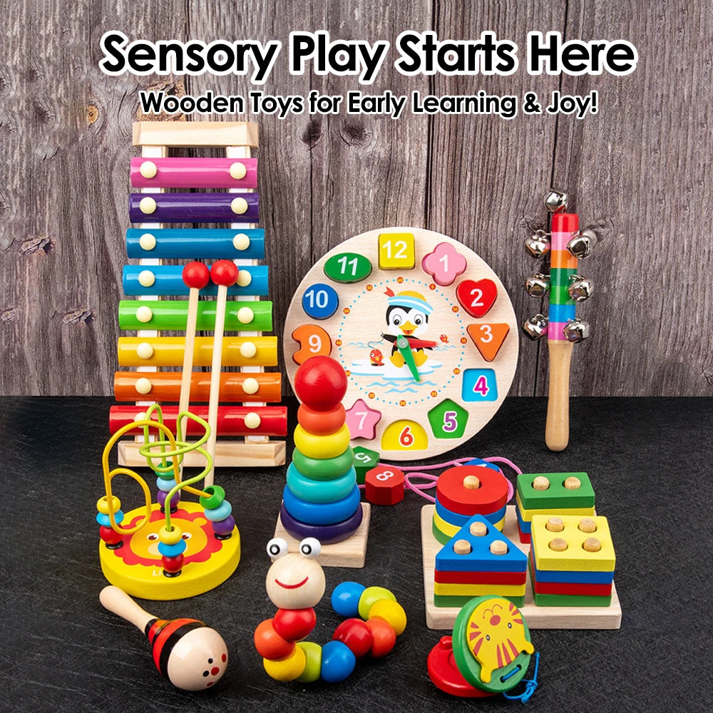 Jouets pour bébé Montessori 9 en 1, ensemble musical en bois: hochet Xylophone, cloche de tambour, puzzle 3D, cadeaux d'apprentissage sensoriel pour 0-12 mois 1-3