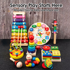 Jouets pour bébé Montessori 9 en 1, ensemble musical en bois: hochet Xylophone, cloche de tambour, puzzle 3D, cadeaux d'apprentissage sensoriel pour 0-12 mois 1-3