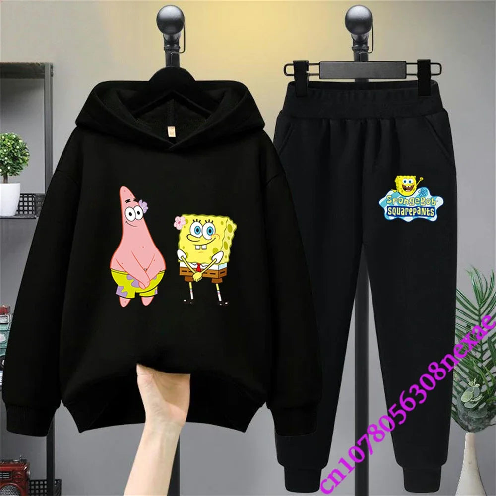 Spongebob-Pull imprimé dessin animé pour enfants, vêtements pour garçons et filles, imbibé, printemps et automne, Sportif, fjedly, 2 pièces