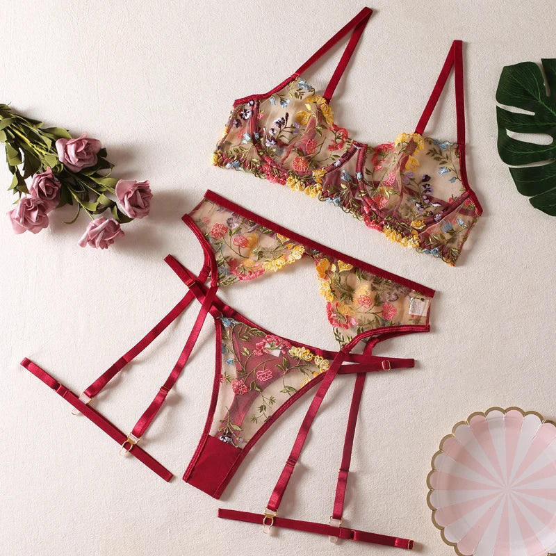 Women's Sexy Lace Lingerie Set, 3 Pieces, Fancy Flower Embroidery, Sheer Bra and Thongs, Underwear Set, Erotic and Intimate Costumes