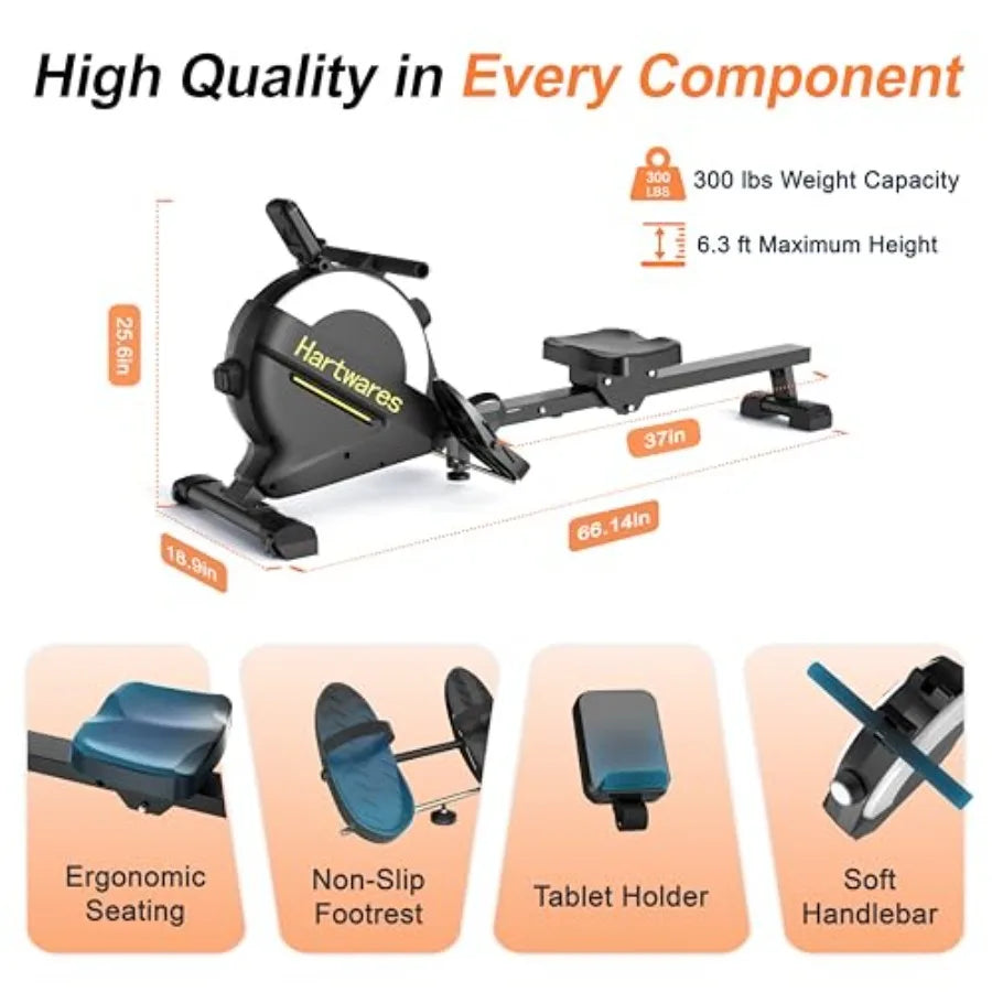 Magnetic rowing machine for home use, with a 77 lb high-resistance rower, 16 resistance levels, and quiet operation.