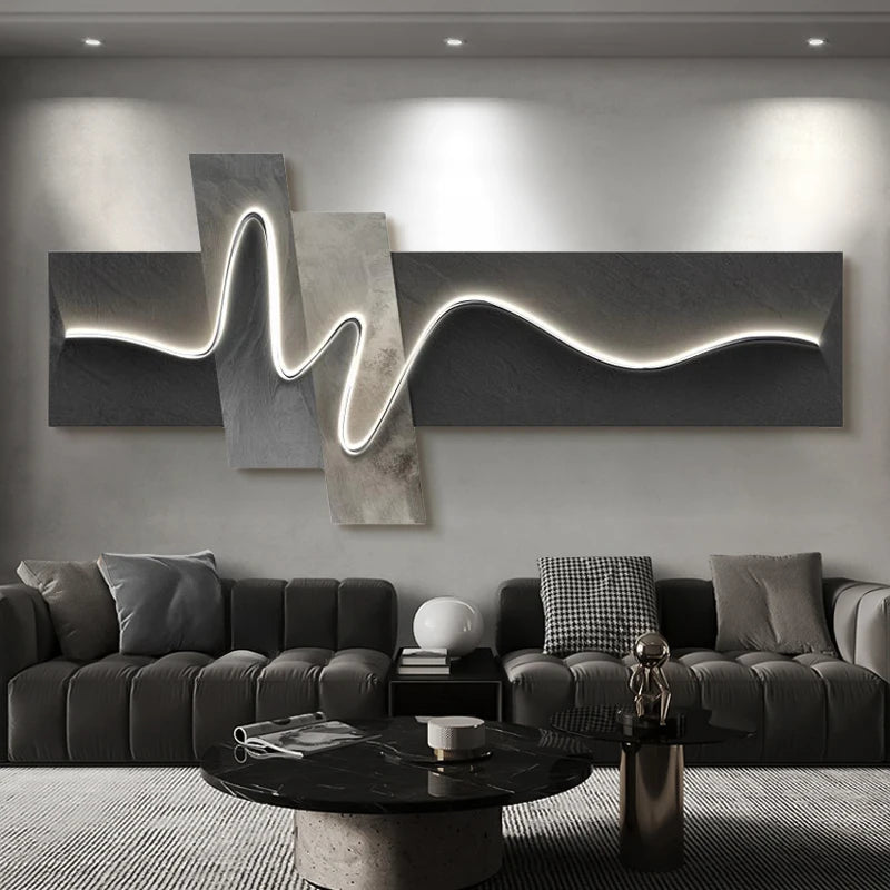 Chambre principale salon géométrique bureau décor peinture avec lumières luxe canapé TV fond mur suspendu photo chambre lits