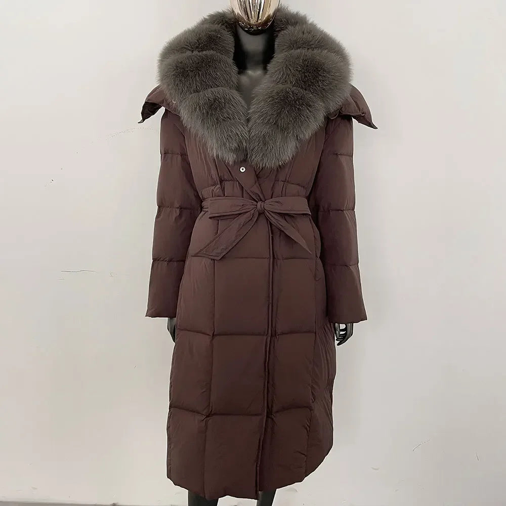 Veste d'hiver chaude et élégante pour femme, avec ceinture à capuche, simple boutonnage, col en vraie fourrure de renard, manteau épais et ample en duvet de canard blanc