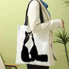 Fourre-tout réutilisable en lin imprimé chats mignons, sac de rangement d'épicerie, sac à bandoulière Portable de grande capacité, fourre-tout lavable en Machine