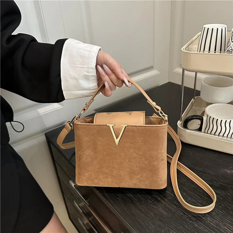 Fashionable mini suede bag for women, faux suede tote bag, decorative handbag with locking buckle, shoulder bags 