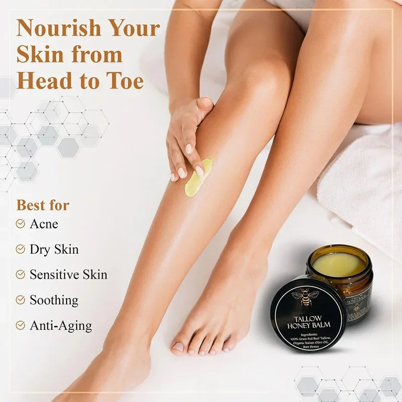 Baume Tallow de boeuf alimenté en herbe biologique, crème hydratante au miel cru pour une peau douce et lisse, hydratant entièrement naturel fait à la main