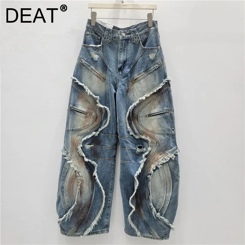 DEAT 2025 Autumn New Fashion Patchwork Burls Cargo Denim Pants for Women High Waist Loose Wide Leg Fashionable Jeans 11A06257