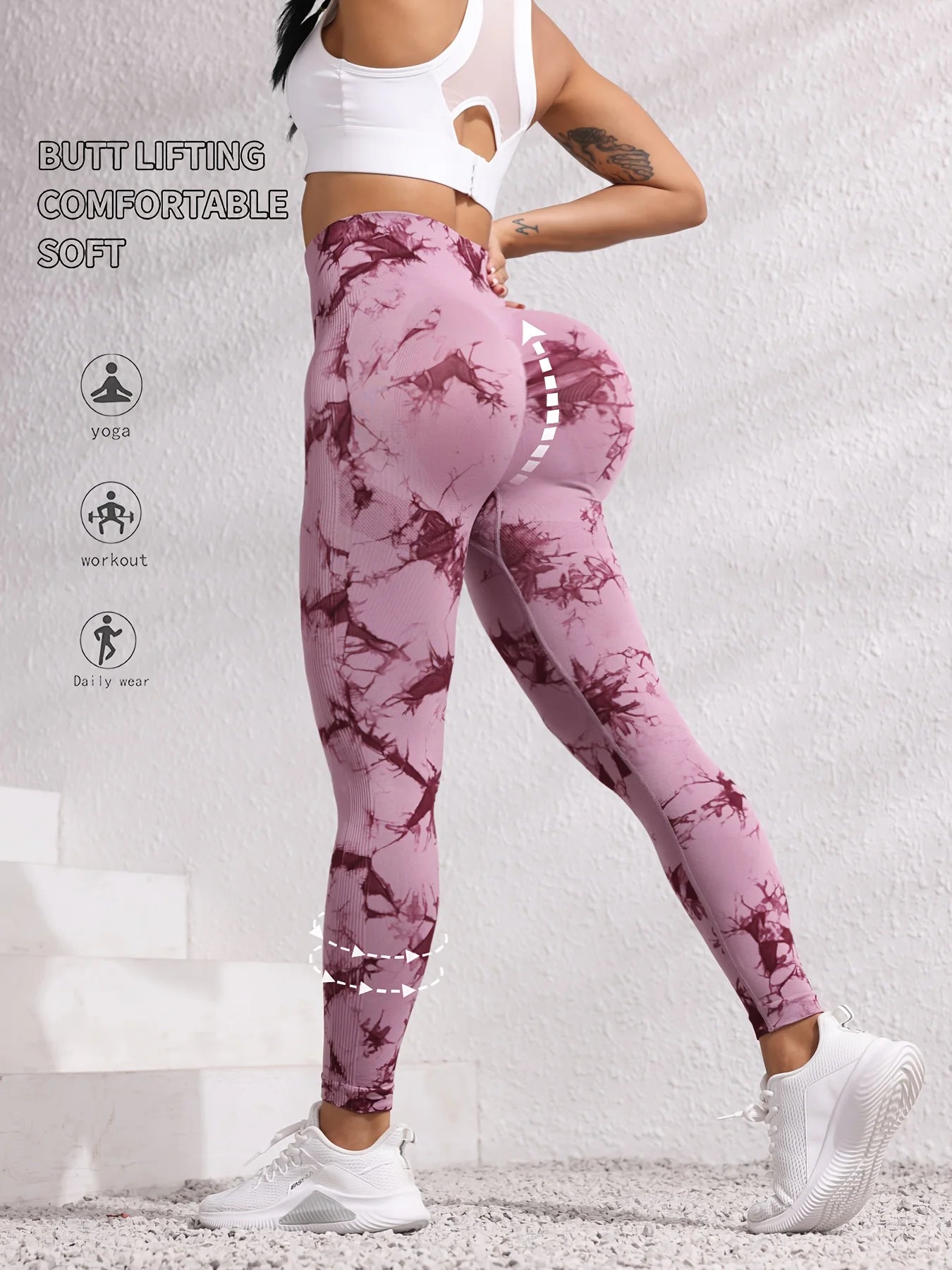 Women's seamless gym leggings, yoga pants, tie-dye, exercise tights, tummy control, high waist, workout pants