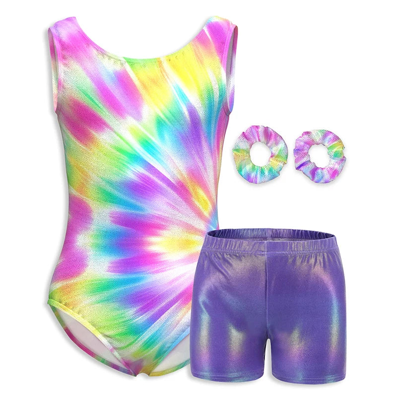 Justaucorps de gymnastique pour filles, vêtements de danse pour enfants avec short assorti, bandeau pour enfants