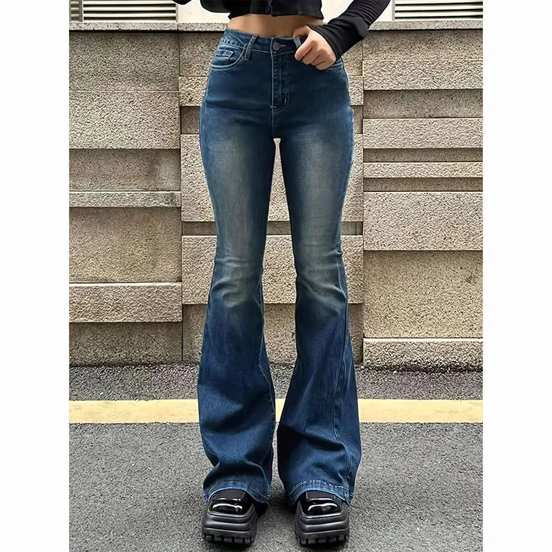 Girls' high-waisted flared jeans, stretch denim pants, bootcut fit, solid color, narrow bell leg, 2025