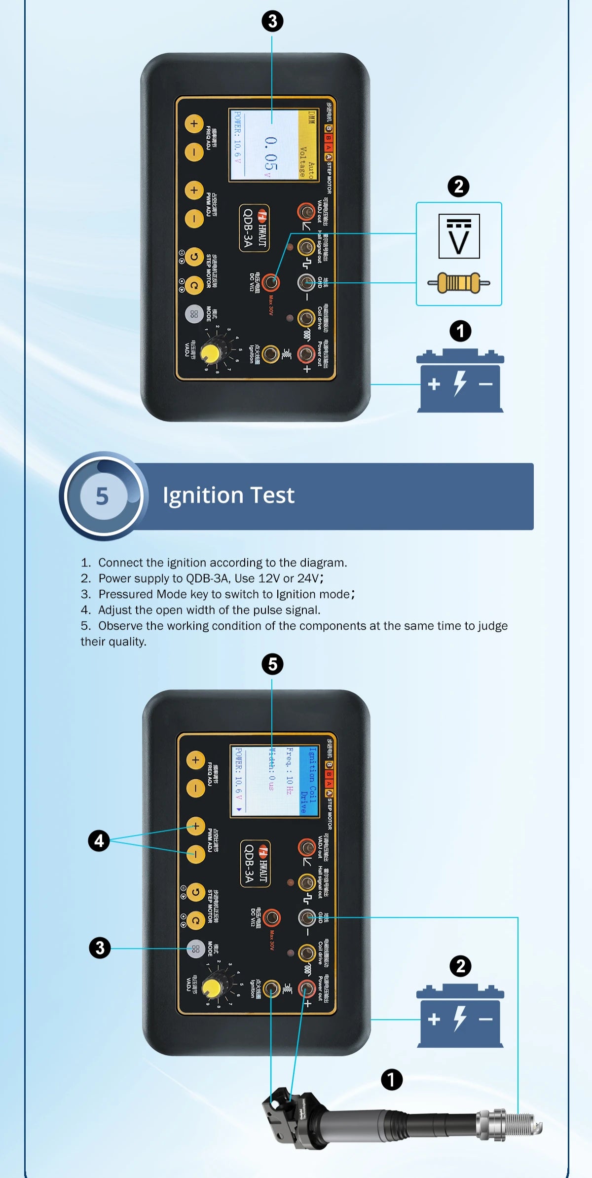 QDB 3A automatic ignition coil tester, electronic throttle test, IAC valves, high COP coils, injectors, FID valves, diagnostic tool