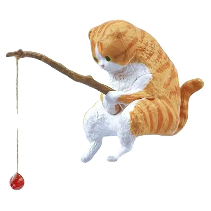 Fish-inspired fishing cat ornaments, mini resin figurine, cartoon cat statue for home office aquarium decoration