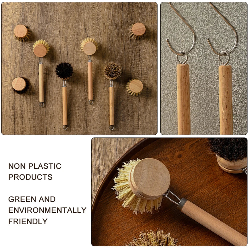 Brosse à vaisselle remplaçable, manche en bois, pour enlever les taches, les Pot, Portable, pour le nettoyage ménager, accessoires de cuisine