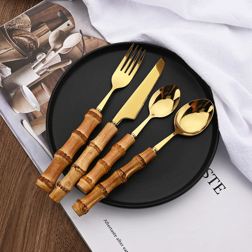 Couverts en acier inoxydable avec manche en bambou naturel, 24 pièces, service de table, couteau à steak