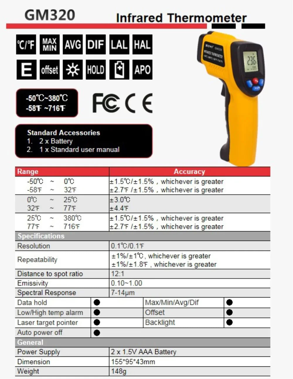 Thermomètre infrarouge, pistolet de température portable pour la cuisson, four à pizza, grill et moteur - Lecteur de température de surface laser